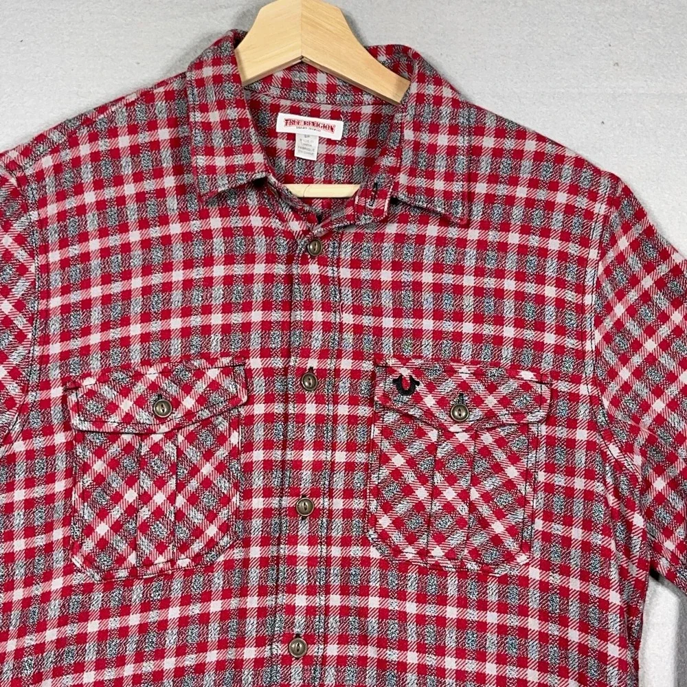 True Religion Flannel Shirt Men Small Regular Fit‎ Red Gray Plaid Plaid Outdoor